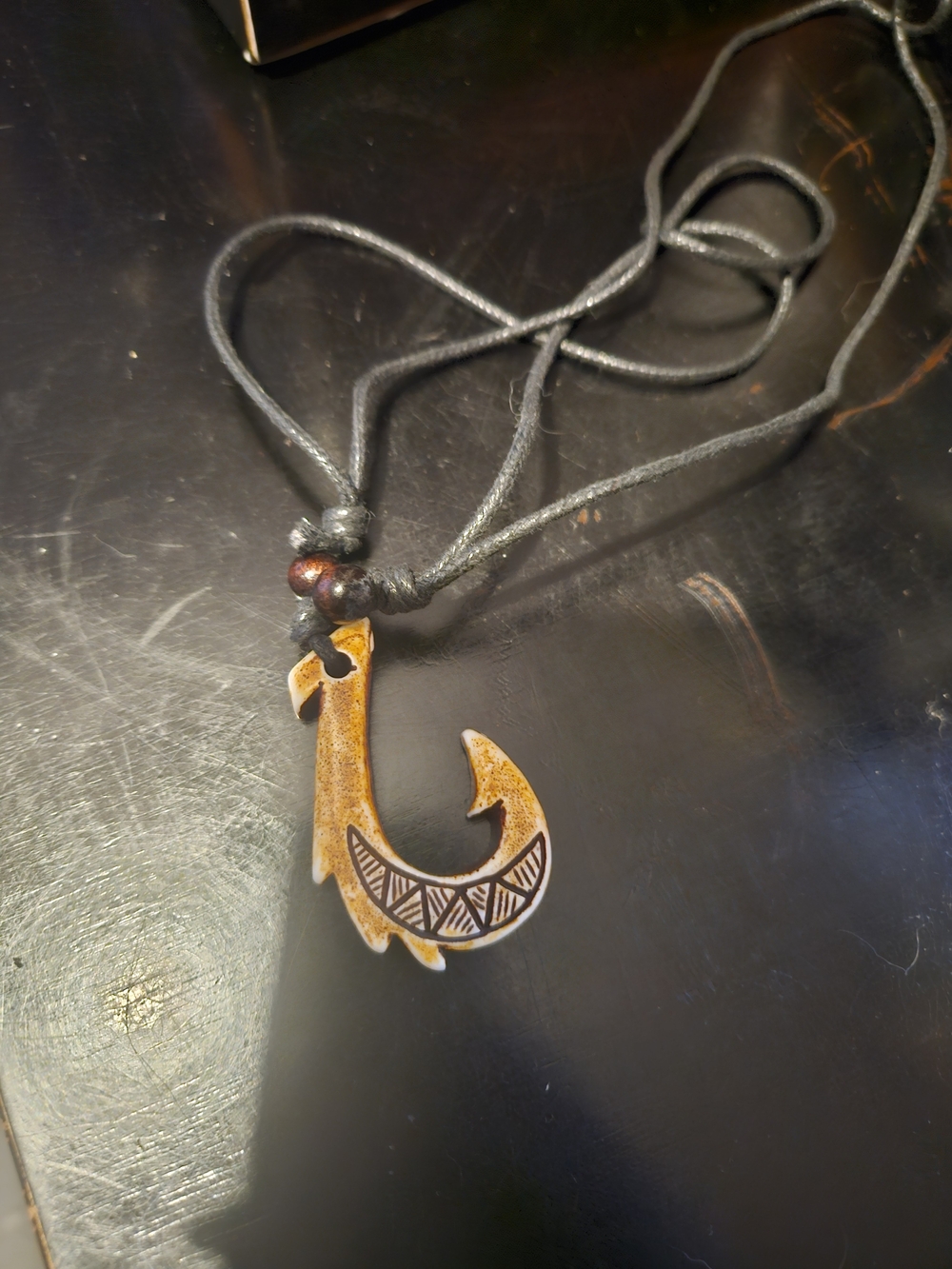 Carved Fish Hook Pendant Necklace in Brown and Black